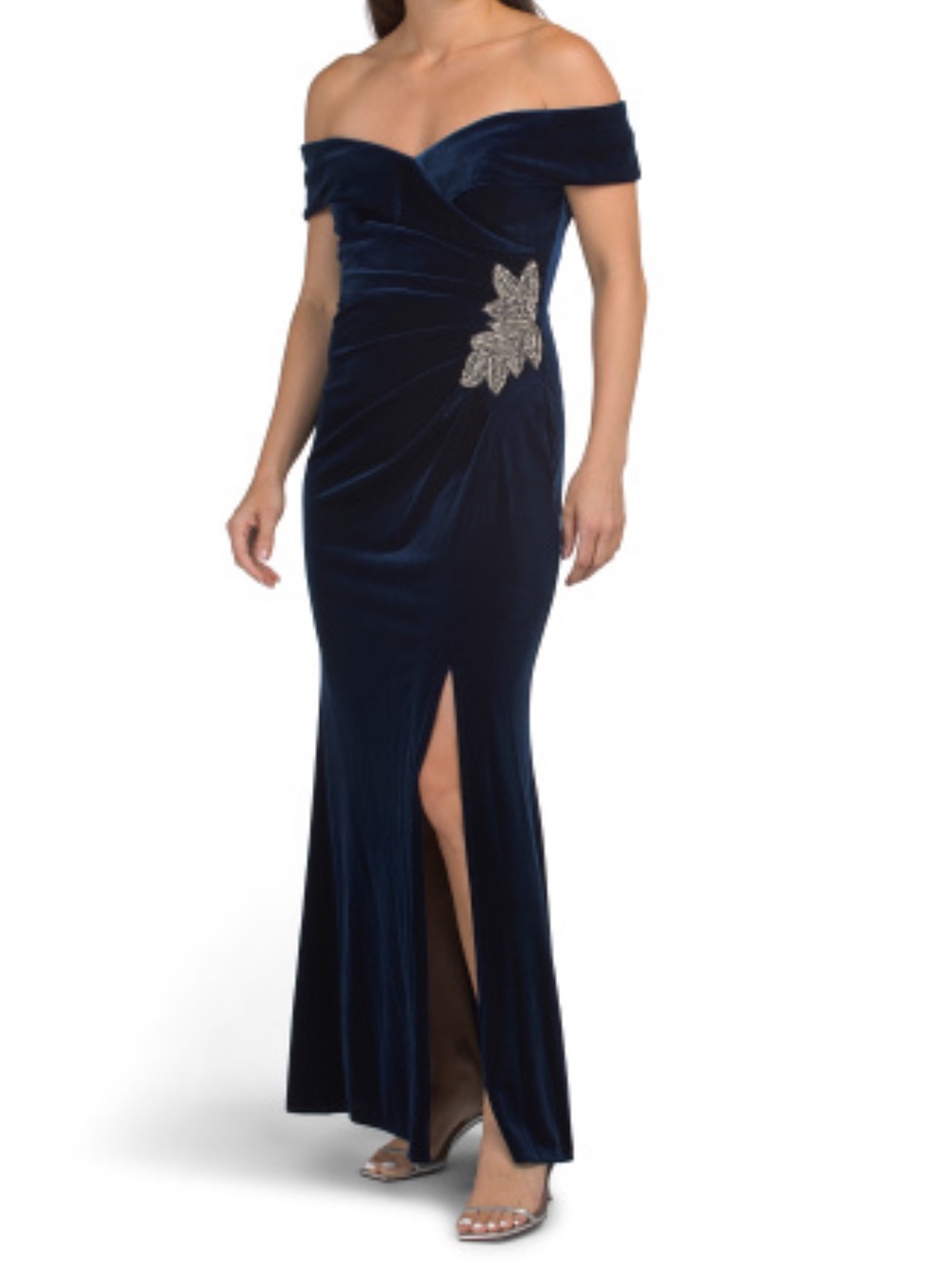 Alex Evenings Navy Velvet Off-Shoulder Strapless Gown with Silver Embellishment